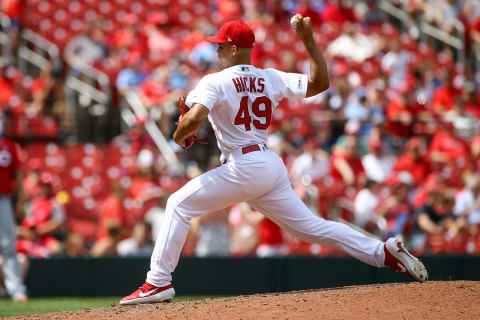 Jordan Hicks #49 of the St. Louis Cardinals pitches during the ninth inning against the Cincinnati Reds at Busch Stadium on June 6, 2019 in St. Louis, Missouri. (Photo by Scott Kane/Getty Images)