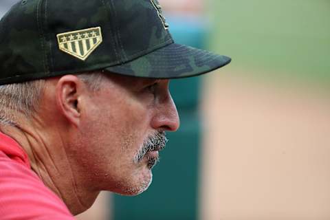 ARLINGTON, TEXAS – MAY 17: Pitching coach Mike Maddux of the St. Louis Cardinals at Globe Life Park in Arlington on May 17, 2019 in Arlington, Texas. (Photo by Ronald Martinez/Getty Images)