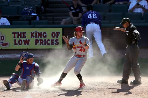 ARLINGTON, TEXAS – MAY 19: Harrison Bader #48 of the St. Louis Cardinals celebrates after scoring a run against the Texas Rangers in the tenth inning at Globe Life Park in Arlington on May 19, 2019 in Arlington, Texas. (Photo by Ronald Martinez/Getty Images)