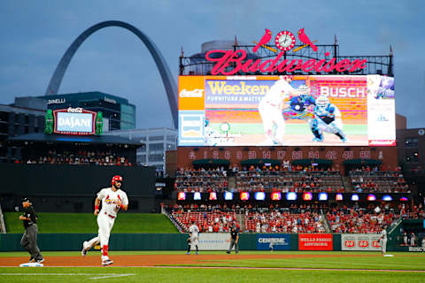 ST LOUIS, MO – JUNE 17: Matt Carpenter #13 of the St. Louis Cardinals rounds third base after hitting a home run against the Miami Marlins in the third inning at Busch Stadium on June 17, 2019 in St Louis, Missouri. (Photo by Dilip Vishwanat/Getty Images)