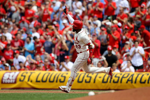 ST. LOUIS, MO – JUNE 22: Marcell Ozuna #23 of the St. Louis Cardinals gestures skyward as he runs the bases after hitting a two-run home run during the sixth inning against the Los Angeles Angels of Anaheim at Busch Stadium on June 22, 2019 in St. Louis, Missouri. (Photo by Scott Kane/Getty Images)