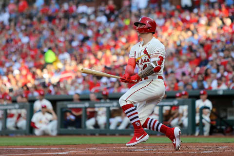 ST. LOUIS, MO – JULY 13: Tyler O’Neill #41 of the St. Louis Cardinals watches the ball he hit for a two-run double during the first inning against the Arizona Diamondbacks at Busch Stadium on July 13, 2019 in St. Louis, Missouri. (Photo by Scott Kane/Getty Images)