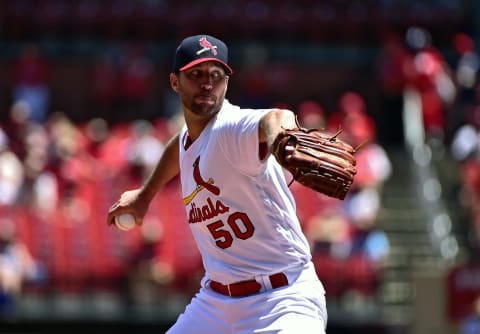 ST LOUIS, MO – JULY 14: Adam Wainwright #50 of the St. Louis Cardinals pitches during the first inning against the Arizona Diamondbacks at Busch Stadium on July 14, 2019 in St Louis, Missouri. (Photo by Jeff Curry/Getty Images)