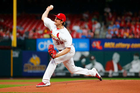 ST LOUIS, MO – JULY 15: Miles Mikolas #39 of the St. Louis Cardinals delivers a pitch against the Pittsburgh Pirates in the first inning at Busch Stadium on July 15, 2019 in St Louis, Missouri. (Photo by Dilip Vishwanat/Getty Images)