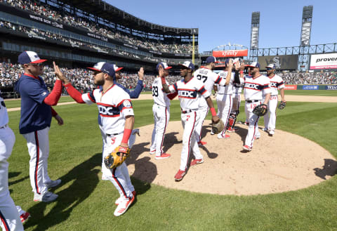 CHICAGO – JUNE 02: Tim Anderson #7, Lucas Giolito #27 and other members of the Chicago White Sox celebrate after the game against the Cleveland Indians on June 2, 2019 at Guaranteed Rate Field in Chicago, Illinois. (Photo by Ron Vesely/MLB Photos via Getty Images)