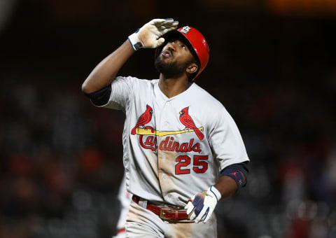 SAN FRANCISCO, CALIFORNIA – JULY 05: Dexter Fowler #25 of the St. Louis Cardinals points to the sky as he rounds the bases after hitting a home run in the ninth inning against the San Francisco Giants at Oracle Park on July 05, 2019 in San Francisco, California. (Photo by Ezra Shaw/Getty Images)