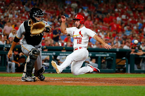 ST LOUIS, MO – AUGUST 09: Paul DeJong #12 of the St. Louis Cardinals scores a run against the Pittsburgh Pirates in the eighth inning at Busch Stadium on August 9, 2019 in St Louis, Missouri. (Photo by Dilip Vishwanat/Getty Images)