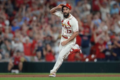 ST. LOUIS, MO – AUGUST 31: Matt Carpenter #13 of the St. Louis Cardinals celebrates after hitting a game-winning RBI single in the ninth inning against the Cincinnati Reds at Busch Stadium on August 31, 2019 in St. Louis, Missouri. The Cardinals defeated the Reds 3-2. (Photo by Michael B. Thomas/Getty Images)