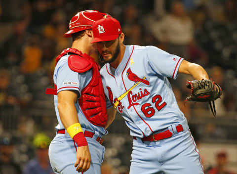 PITTSBURGH, PA – SEPTEMBER 07: Daniel Ponce de Leon #62 of the St. Louis Cardinals celebrates with Matt Wieters #32 after defeating the Pittsburgh Pirates at PNC Park on September 7, 2019 in Pittsburgh, Pennsylvania. (Photo by Justin K. Aller/Getty Images)