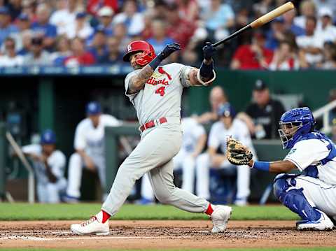 KANSAS CITY, MISSOURI – AUGUST 13: Yadier Molina #4 of the St. Louis Cardinals bats during the 2nd inning of the game against the Kansas City Royals at Kauffman Stadium on August 13, 2019 in Kansas City, Missouri. (Photo by Jamie Squire/Getty Images)