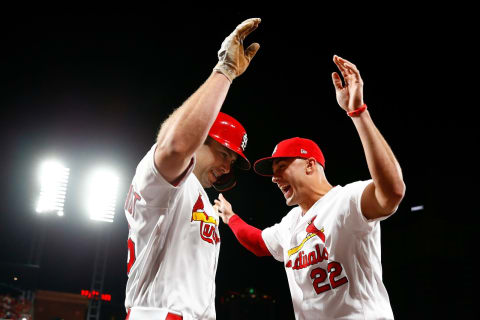 ST LOUIS, MO – SEPTEMBER 13: Jack Flaherty #22 of the St. Louis Cardinals congratulates Paul Goldschmidt #46 of the St. Louis Cardinals after Goldschmidt hits a grand slam against the Milwaukee Brewers in the third inning at Busch Stadium on September 13, 2019 in St Louis, Missouri. (Photo by Dilip Vishwanat/Getty Images)