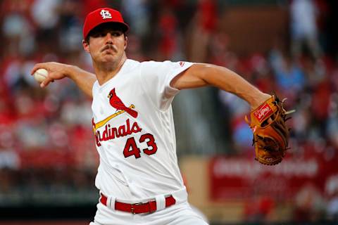 ST LOUIS, MO – SEPTEMBER 16: Dakota Hudson #43 of the St. Louis Cardinals delivers a pitch against the Washington Nationals in the first inning at Busch Stadium on September 16, 2019 in St Louis, Missouri. (Photo by Dilip Vishwanat/Getty Images)