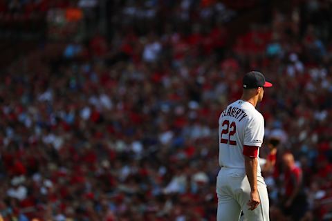 ST LOUIS, MO – SEPTEMBER 29: Jack Flaherty #22 of the St. Louis Cardinals returns to the dugout after recording the final out of the in the third inning against the Chicago Cubs at Busch Stadium on September 29, 2019 in St Louis, Missouri. (Photo by Dilip Vishwanat/Getty Images)