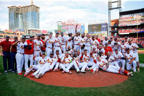 ST LOUIS, MO – SEPTEMBER 29: Members of the St. Louis Cardinals celebrate winning the National League Central Division after beating the Chicago Cubs at Busch Stadium on September 29, 2019 in St Louis, Missouri. (Photo by Dilip Vishwanat/Getty Images)