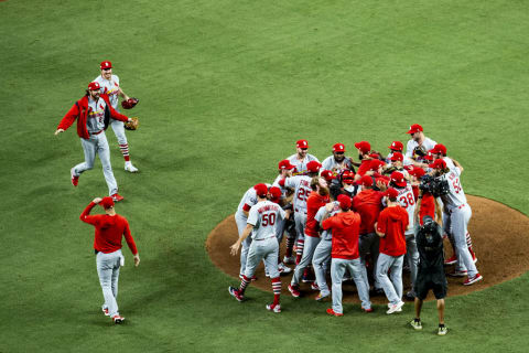 ATLANTA, GA – OCTOBER 9: The St. Louis Cardinals celebrate winning Game Five of the National League Division Series over the Atlanta Braves 13-1 at SunTrust Park on October 9, 2019 in Atlanta, Georgia. (Photo by Carmen Mandato/Getty Images)