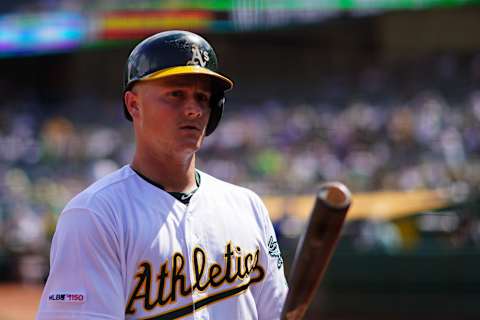 OAKLAND, CALIFORNIA – SEPTEMBER 18: Matt Chapman #26 of the Oakland Athletics prepares to bat during the game against the Kansas City Royals at Ring Central Coliseum on September 18, 2019 in Oakland, California. (Photo by Daniel Shirey/Getty Images)