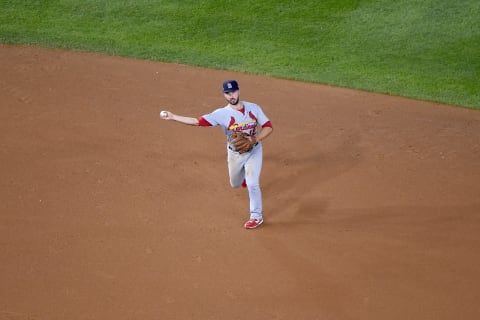 WASHINGTON, DC – OCTOBER 14: Paul DeJong #12 of the St. Louis Cardinals throws to first base against the Washington Nationals during the fifth inning of Game Three of the National League Championship Series at Nationals Park on October 14, 2019 in Washington, DC. (Photo by Will Newton/Getty Images)