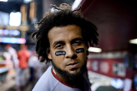 PHOENIX, ARIZONA – SEPTEMBER 25: Jose Martinez #38 of the St. Louis Cardinals poses for a photo while wearing eye black reading “Bench Mafia” during the MLB game against the Arizona Diamondbacks at Chase Field on September 25, 2019 in Phoenix, Arizona. (Photo by Jennifer Stewart/Getty Images)