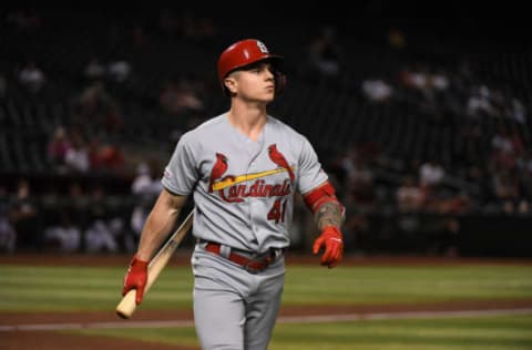 PHOENIX, ARIZONA – SEPTEMBER 24: Tyler O’Neill #41 of the St Louis Cardinals walks back to the dugout after an at bat against the Arizona Diamondbacks at Chase Field on September 24, 2019 in Phoenix, Arizona. (Photo by Norm Hall/Getty Images)