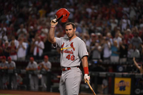 PHOENIX, ARIZONA – SEPTEMBER 23: Paul Goldschmidt #46 of the St. Louis Cardinals tips his helmet to the crowd prior to his first at bat against the Arizona Diamondbacks at Chase Field on September 23, 2019 in Phoenix, Arizona. It was Goldschmidt’s first time back at Chase Field since being traded to St. Louis. (Photo by Norm Hall/Getty Images)