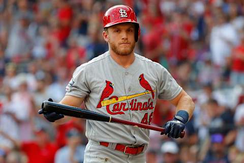 ATLANTA, GEORGIA – OCTOBER 04: Harrison Bader #48 of the St. Louis Cardinals reacts after striking out to end the second inning in game two of the National League Division Series at SunTrust Park on October 04, 2019 in Atlanta, Georgia. (Photo by Kevin C. Cox/Getty Images)