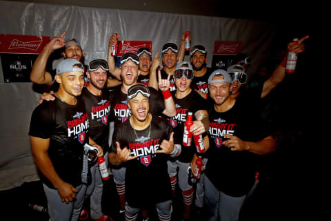 ATLANTA, GEORGIA – OCTOBER 09: The St. Louis Cardinals celebrate in the locker room after their 13-1 win over the Atlanta Braves in game five of the National League Division Series at SunTrust Park on October 09, 2019 in Atlanta, Georgia. (Photo by Kevin C. Cox/Getty Images)