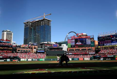 ST LOUIS, MISSOURI – OCTOBER 12: A general view of Busch Stadium as starting pitcher Adam Wainwright #50 of the St. Louis Cardinals delivers a pitch in the first inning of game two of the National League Championship Series against the Washington Nationals on October 12, 2019 in St Louis, Missouri. (Photo by Jamie Squire/Getty Images)