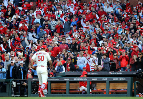 ST LOUIS, MISSOURI – OCTOBER 12: The crowd cheers for Adam Wainwright #50 of the St. Louis Cardinals after the third out in the sixth inning of game two of the National League Championship Series against the Washington Nationals at Busch Stadium on October 12, 2019 in St Louis, Missouri. (Photo by Scott Kane/Getty Images)