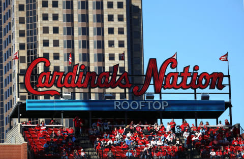 ST LOUIS, MISSOURI – OCTOBER 12: Atmosphere of Busch Stadium is seen during game two of the National League Championship Series between the Washington Nationals and the St. Louis Cardinals on October 12, 2019 in St Louis, Missouri. (Photo by Jamie Squire/Getty Images)