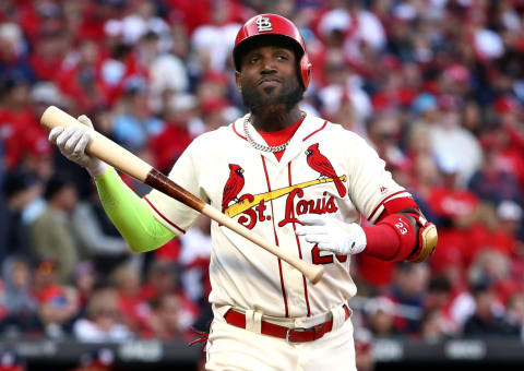 ST LOUIS, MISSOURI – OCTOBER 12: Marcell Ozuna #23 of the St. Louis Cardinals reacts after striking out in the seventh inning of game two of the National League Championship Series against the Washington Nationals at Busch Stadium on October 12, 2019 in St Louis, Missouri. (Photo by Jamie Squire/Getty Images)