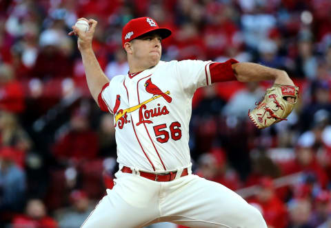 ST LOUIS, MISSOURI – OCTOBER 12: Ryan Helsley #56 of the St. Louis Cardinals delivers during the ninth inning of game two of the National League Championship Series against the Washington Nationals at Busch Stadium on October 12, 2019 in St Louis, Missouri. (Photo by Scott Kane/Getty Images)