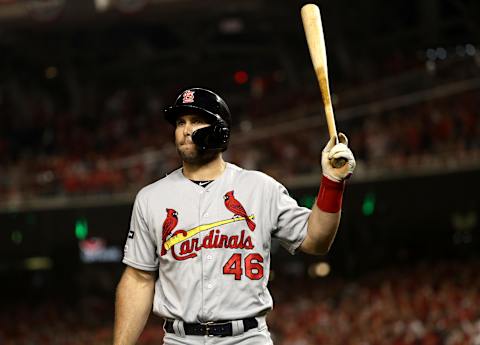 WASHINGTON, DC – OCTOBER 14: Paul Goldschmidt #46 of the St. Louis Cardinals reacts after striking out in the first inning of game three of the National League Championship Series against the Washington Nationals at Nationals Park on October 14, 2019 in Washington, DC. (Photo by Patrick Smith/Getty Images)