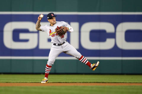 WASHINGTON, DC – OCTOBER 14: Kolten Wong #16 of the St. Louis Cardinals fields the ball for an out on Trea Turner #7 of the Washington Nationals during the first inning of game three of the National League Championship Series at Nationals Park on October 14, 2019 in Washington, DC. (Photo by Patrick Smith/Getty Images)