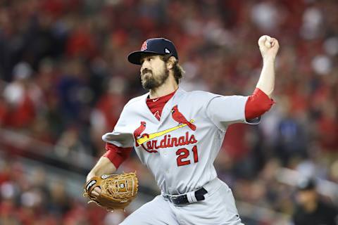 WASHINGTON, DC – OCTOBER 15: Andrew Miller #21 of the St. Louis Cardinals delivers a pitch in the seventh inning against the Washington Nationals during game four of the National League Championship Series at Nationals Park on October 15, 2019 in Washington, DC. (Photo by Rob Carr/Getty Images)