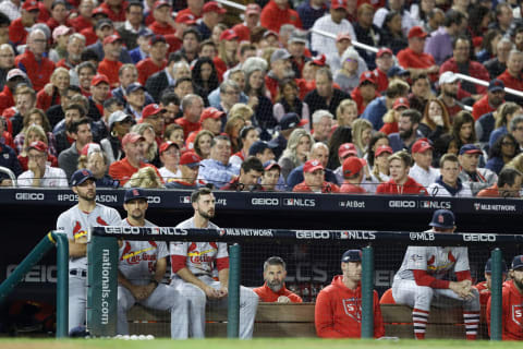 WASHINGTON, DC – OCTOBER 15: The St. Louis Cardinals bench looks on in the third inning against the Washington Nationals during game four of the National League Championship Series at Nationals Park on October 15, 2019 in Washington, DC. (Photo by Rob Carr/Getty Images)