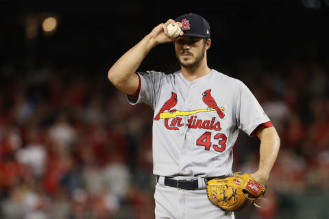 WASHINGTON, DC – OCTOBER 15: Dakota Hudson #43 of the St. Louis Cardinals reacts in the first inning annduring game four of the National League Championship Series at Nationals Park on October 15, 2019 in Washington, DC. (Photo by Patrick Smith/Getty Images)