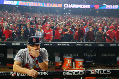 WASHINGTON, DC – OCTOBER 15: Harrison Bader #48 of the St. Louis Cardinals reacts losing in game four of the National League Championship Series to the Washington Nationals at Nationals Park on October 15, 2019 in Washington, DC. (Photo by Patrick Smith/Getty Images)