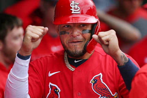 JUPITER, FL – MARCH 07: Yadier Molina #4 of the St. Louis Cardinals is congratulated after scoring on a double by Matt Wieters #32 during the fourth inning of a spring training baseball game against the Houston Astro sat Roger Dean Chevrolet Stadium on March 7, 2020 in Jupiter, Florida. The Cardinals defeated the Astros 5-1. (Photo by Rich Schultz/Getty Images)