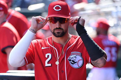 GOODYEAR, ARIZONA – FEBRUARY 24: Nick Castellanos #2 of the Cincinnati Reds prepares for a spring training game against the Texas Rangers at Goodyear Ballpark on February 24, 2020 in Goodyear, Arizona. (Photo by Norm Hall/Getty Images)