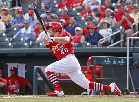 JUPITER, FL – FEBRUARY 26: Harrison Bader #48 of the St Louis Cardinals hits the ball against the Miami Marlins during a spring training game at Roger Dean Chevrolet Stadium on February 26, 2020 in Jupiter, Florida. The Marlins defeated the Cardinals 8-7. (Photo by Joel Auerbach/Getty Images)