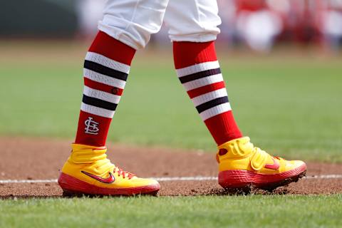 JUPITER, FL – FEBRUARY 25: Detail view of Nike shoes worn by Kolten Wong #16 of the St Louis Cardinals during a Grapefruit League spring training game against the Washington Nationals at Roger Dean Stadium on February 25, 2020 in Jupiter, Florida. The Nationals defeated the Cardinals 9-6. (Photo by Joe Robbins/Getty Images)