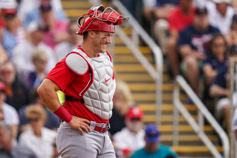 FORT MYERS, FL- MARCH 09: Andrew Knizner #7 of the St. Louis Cardinals looks on during a spring training game between the Minnesota Twins and St. Louis Cardinals on March 9, 2020 at Hammond Stadium in Fort Myers, Florida. (Photo by Brace Hemmelgarn/Minnesota Twins/Getty Images)