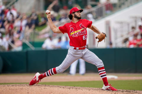 FORT MYERS, FL- MARCH 09: Daniel Ponce de Leon #62 of the St. Louis Cardinals pitches during a spring training game between the Minnesota Twins and St. Louis Cardinals on March 9, 2020 at Hammond Stadium in Fort Myers, Florida. (Photo by Brace Hemmelgarn/Minnesota Twins/Getty Images)