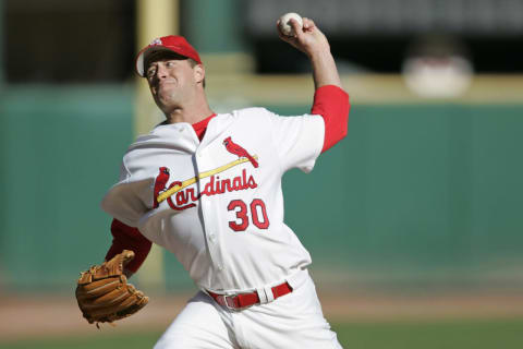 Mark Mulder of the St. Louis Cardinals throws a pitch in the 2nd inning against the San Diego Padres during Game 2 of the NLDS at Busch Stadium in St. Louis, Missouri on October 6, 2005. The Cardinals won 6-2 to take a 2-0 series lead. (Photo by G. N. Lowrance/Getty Images)