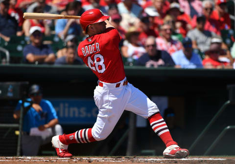 JUPITER, FLORIDA – MARCH 12: Harrison Bader #48 of the St. Louis Cardinals bats during the spring training game against the Miami Marlins at Roger Dean Chevrolet Stadium on March 12, 2020 in Jupiter, Florida. (Photo by Mark Brown/Getty Images)