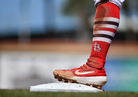 JUPITER, FLORIDA – MARCH 12: A detailed view of the Nike cleat worn by Kolten Wong #16 of the St. Louis Cardinals in action during the spring training game against the at Roger Dean Chevrolet Stadium on March 12, 2020 in Jupiter, Florida. (Photo by Mark Brown/Getty Images)