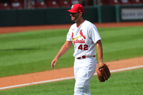 ST LOUIS, MO – AUGUST 30: Adam Wainwright #42 of the St. Louis Cardinals smiles after throwing a complete game against the Cleveland Indians at Busch Stadium on August 30, 2020 in St Louis, Missouri. All players are wearing #42 in honor of Jackie Robinson Day. The day honoring Jackie Robinson, traditionally held on April 15, was rescheduled due to the COVID-19 pandemic. (Photo by Dilip Vishwanat/Getty Images)