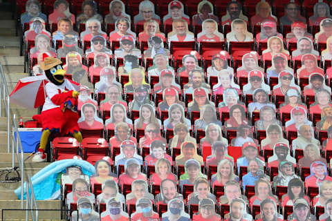 ST LOUIS, MO – SEPTEMBER 13: St. Louis Cardinals mascot Fredbird acts out a fishing skit during a game between the St. Louis Cardinals and the Cincinnati Reds at Busch Stadium on September 13, 2020 in St Louis, Missouri. (Photo by Dilip Vishwanat/Getty Images)