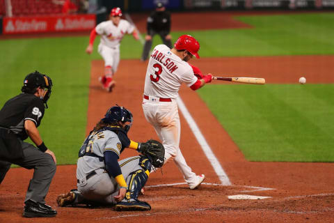 ST LOUIS, MO – SEPTEMBER 25: Dylan Carlson #3 of the St. Louis Cardinals drives in two runs with a double against the Milwaukee Brewers in the fifth inning during game two of a doubleheader at Busch Stadium on September 25, 2020 in St Louis, Missouri. (Photo by Dilip Vishwanat/Getty Images)