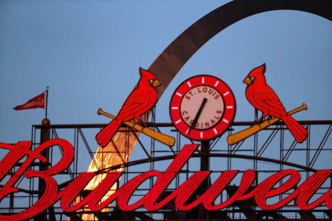 ST LOUIS, MO – SEPTEMBER 26: The Gateway Arch as seen through the scoreboard at Busch Stadium during a game between the St. Louis Cardinals and the Milwaukee Brewers on September 26, 2020 in St Louis, Missouri. (Photo by Dilip Vishwanat/Getty Images)